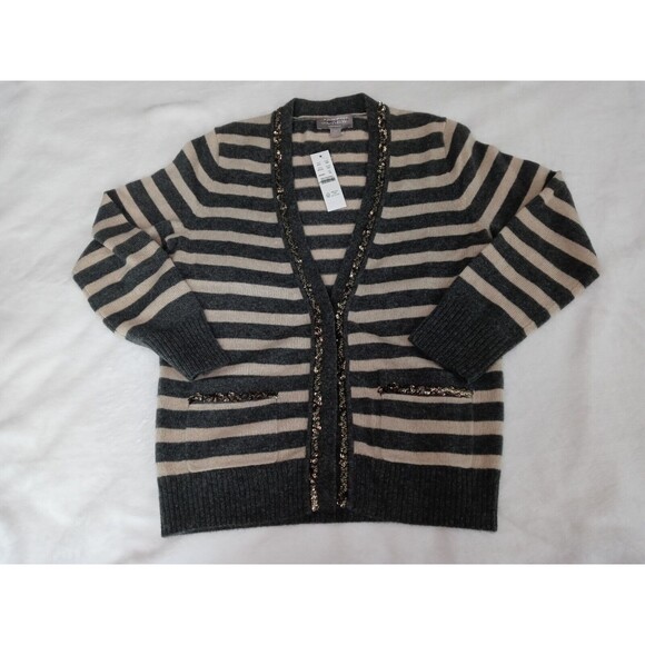 NWT J.Crew Size XS Cashmere Patch Pocket Cardigan Striped Gray Tan Sequin BF016 - Picture 1 of 11